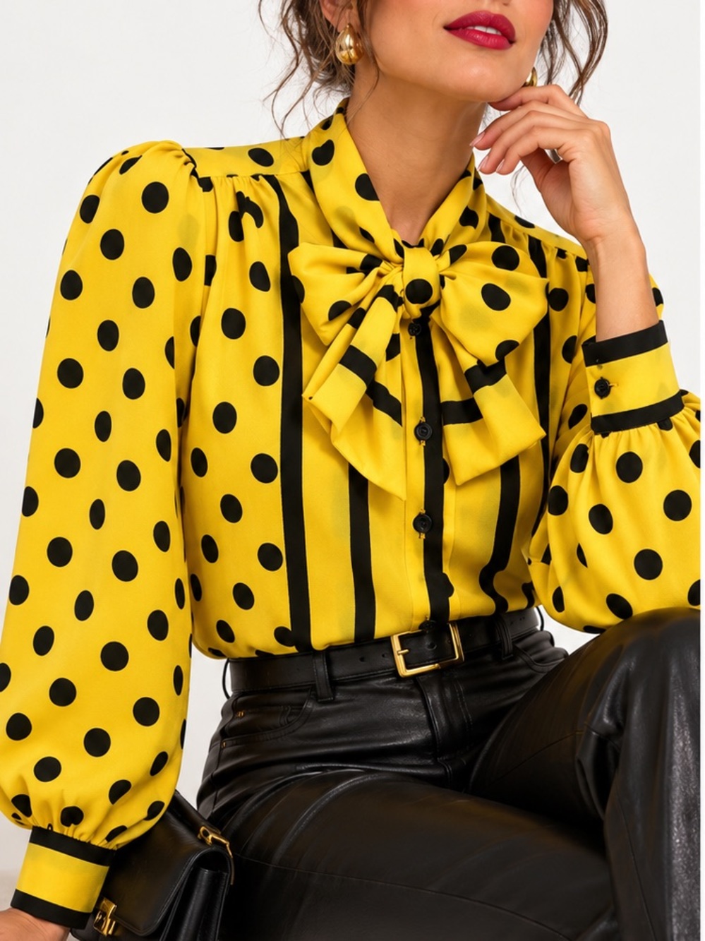VINTAGE 80s Yellow Black Polka Dot Bow Blouse Size 4 Maximalist